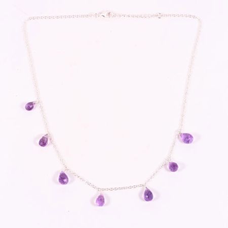 Handmade Pure 925 Sterling Silver Necklace with Amethyst Drop Pendant for Women